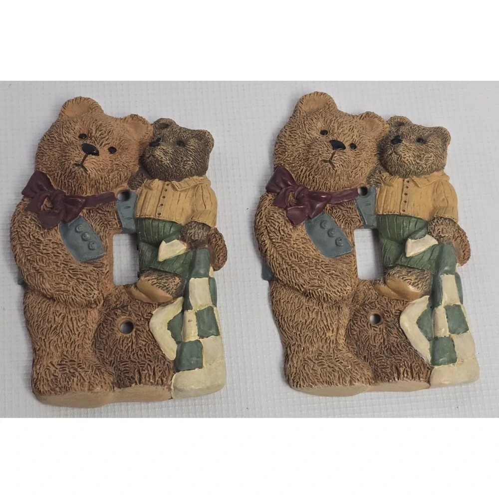 VTG 2x Ceramic Father Son Family 3D Teddy Bear Light Switch Cover Plate Nursery